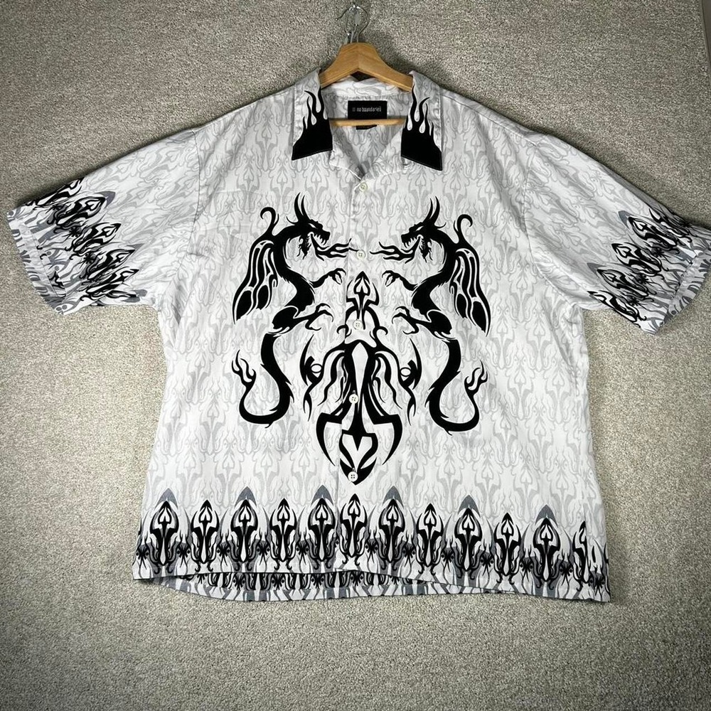 Y2K No boundaries dragon tribal flames all over print button up skater shirt XL